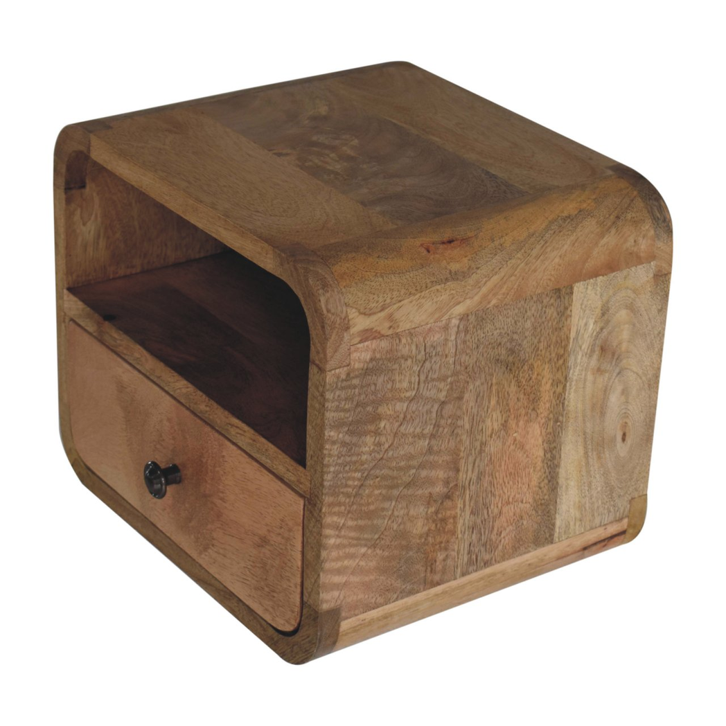Artisan Furniture Extra Mini Wall Mounted Curved Bedside Table, 1 Drawer & Open Shelf – Solid Mango Wood