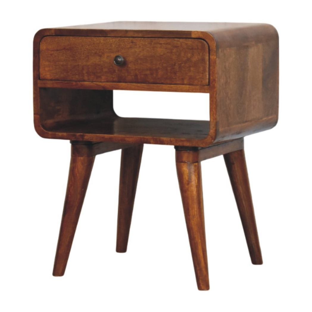 Artisan Furniture Solid Wood Avora Chestnut Nightstand with Drawer and Open Shelf – Mid-Century Style, Brown