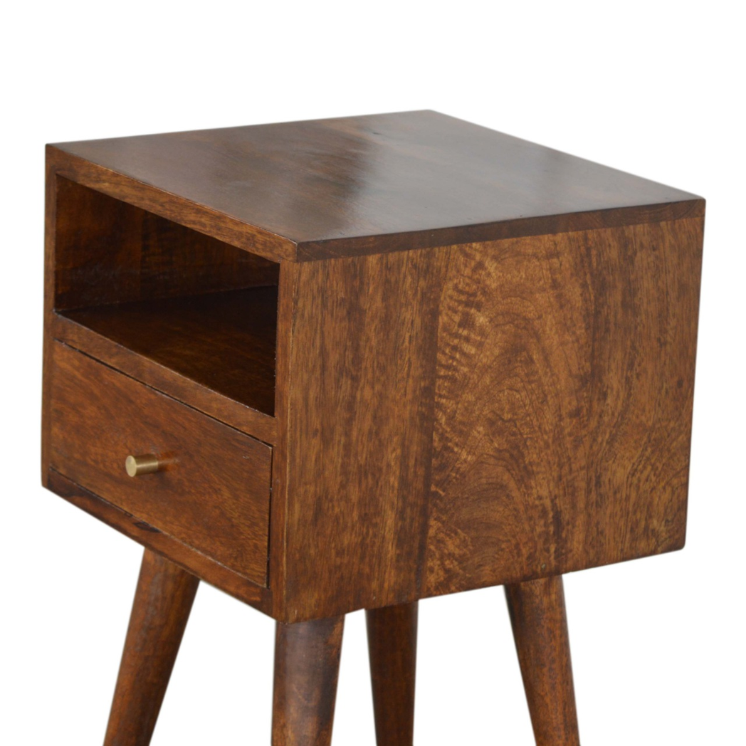 Artisan Furniture Solid Wood Mini Bedside Table with 1 Drawer and Open Shelf – Nordic Style, Chestnut Brown
