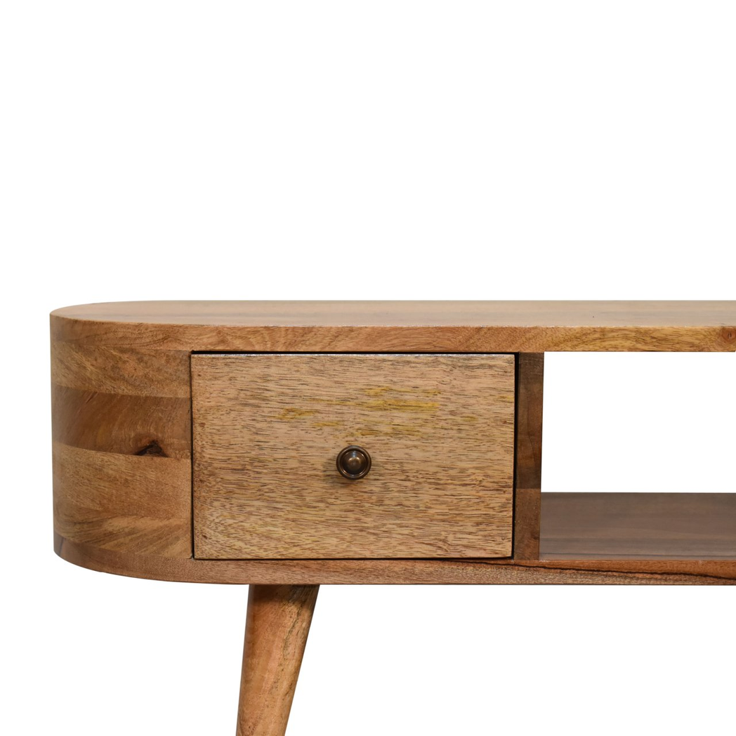Artisan Furniture Mini Rounded Media Unit in Solid Mango Wood, 2 Drawers & Open Slot – Bedroom, Beige