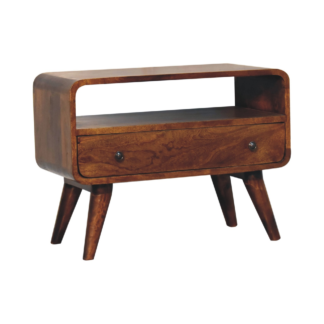 Artisan Furniture Solid Wood Mini Chestnut Curved Media Unit, 1 Drawer & Open Slot – Dark Brown