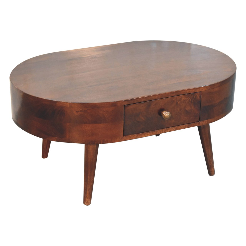 Artisan Furniture Solid Wood California Walnut Rounded Coffee Table with Drawer – Nordic Legs, Dark Brown