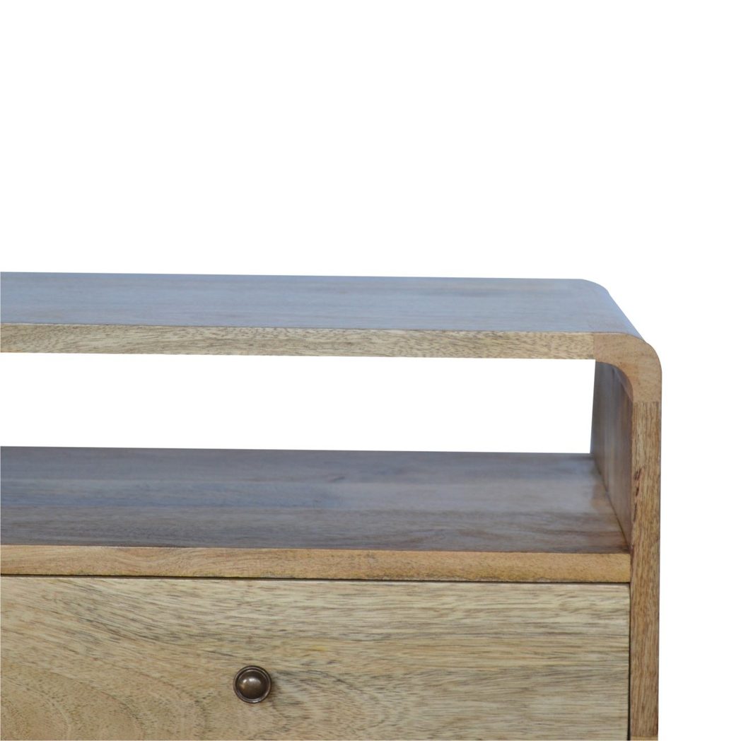 Artisan Curved Solid Wood Media Unit with 2 Drawers – Oak-Look Brown TV Stand for Living Rooms