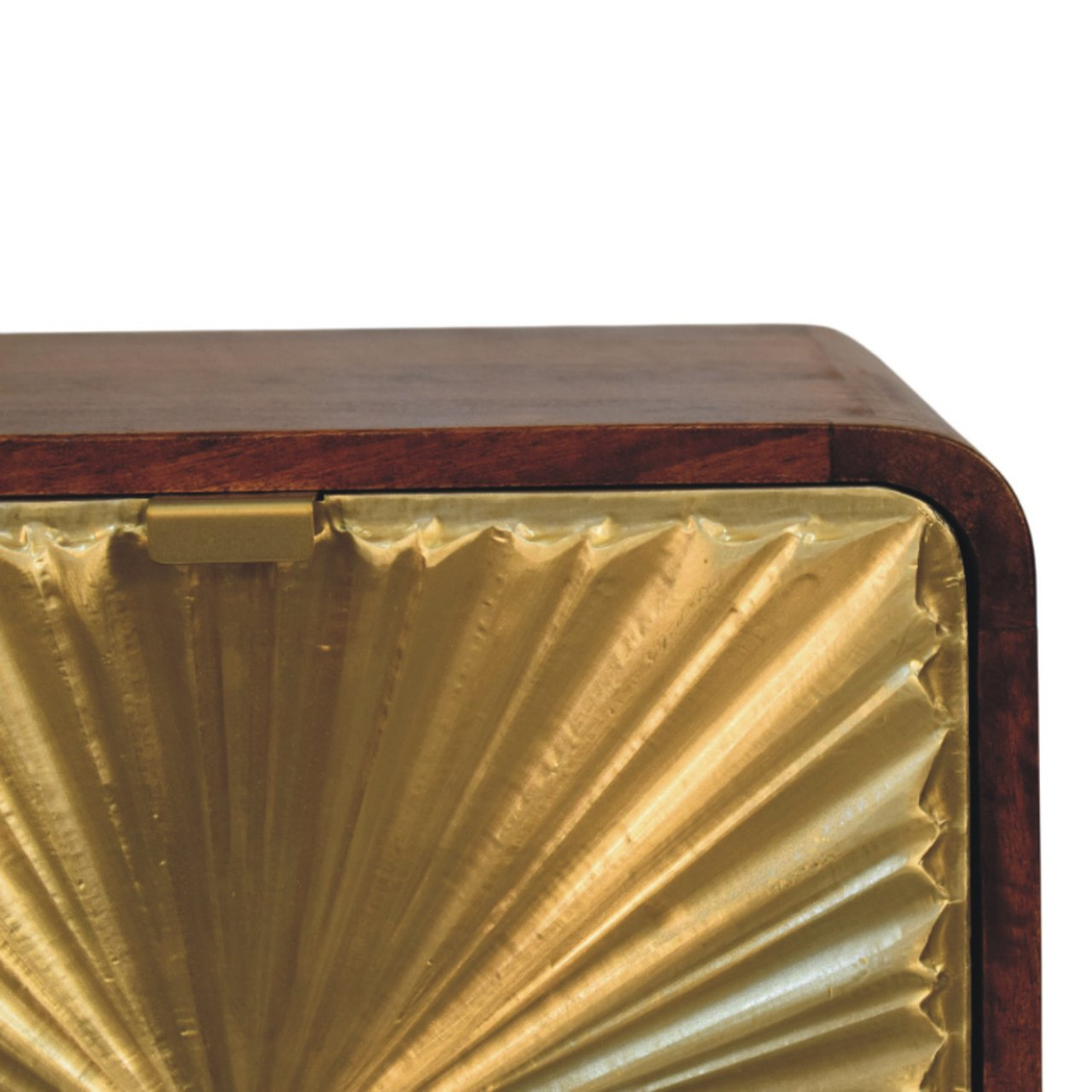 Artisan Furniture Solid Wood Avora Brass Embossed Nightstand with 2 Doors – Chestnut Finish, Brown and Gold