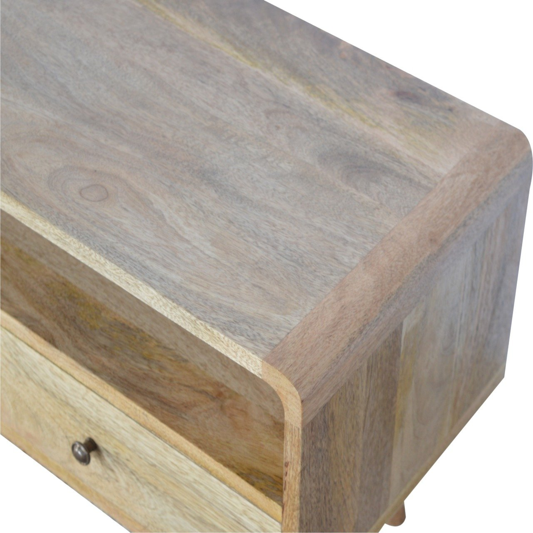 Artisan Curved Solid Wood Media Unit with 2 Drawers – Oak-Look Brown TV Stand for Living Rooms