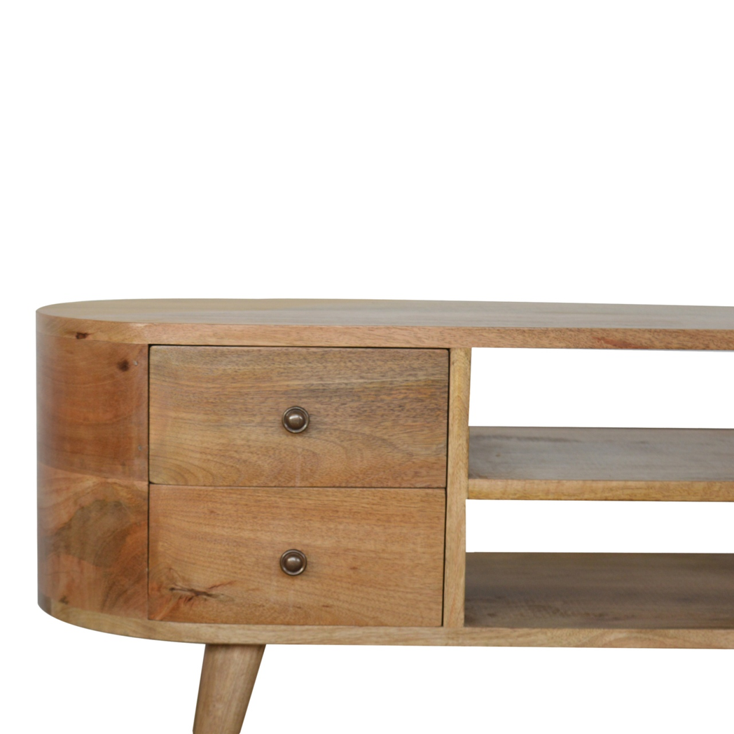 Artisan Furniture Rounded Media Unit in Solid Mango Wood, 4 Drawers & 2 Open Slots – Bedroom, Beige