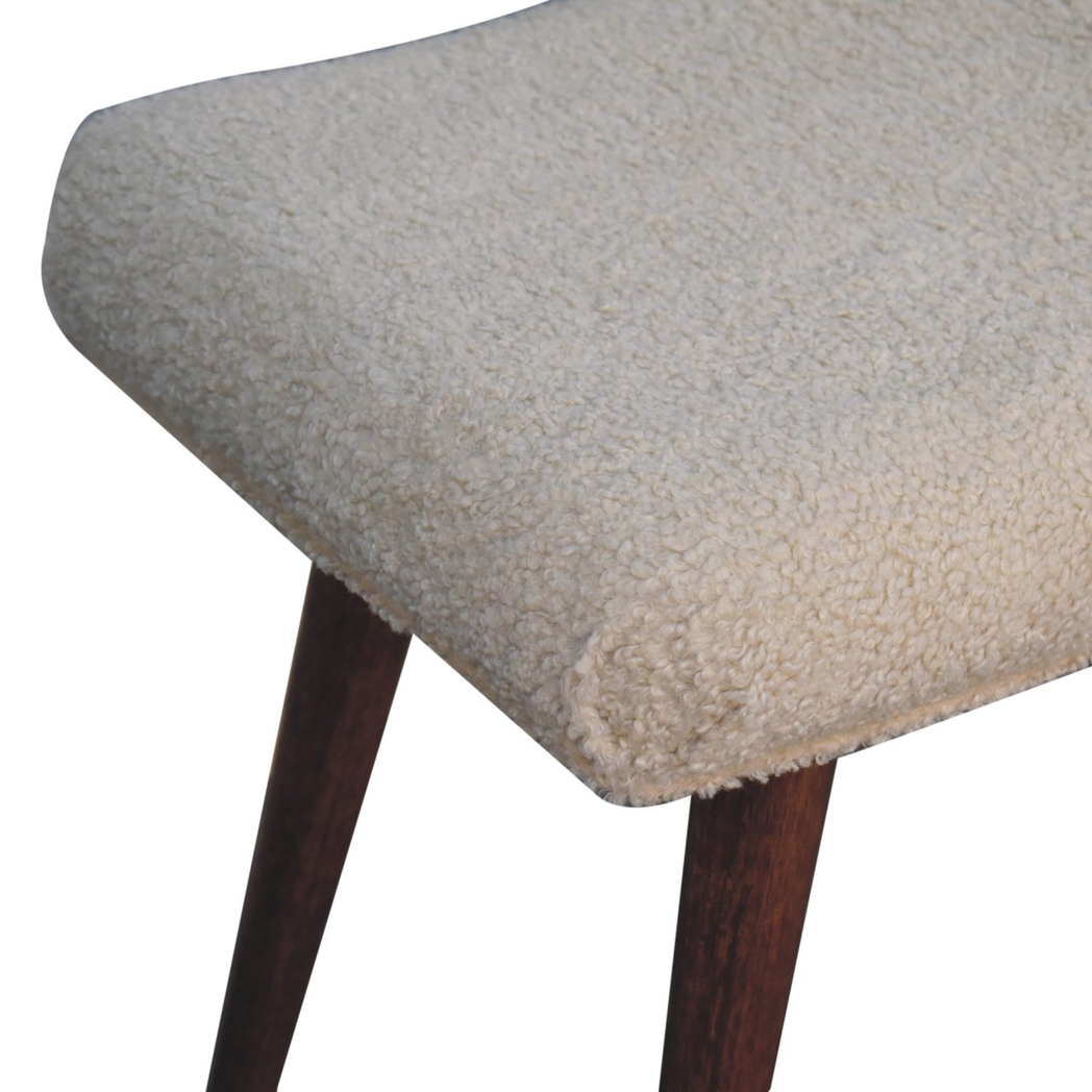 Artisan Furniture Solid Wood Boucle Curved Bench – Upholstered Hallway & Bedroom Seat, Honey Caramel Legs, Cream