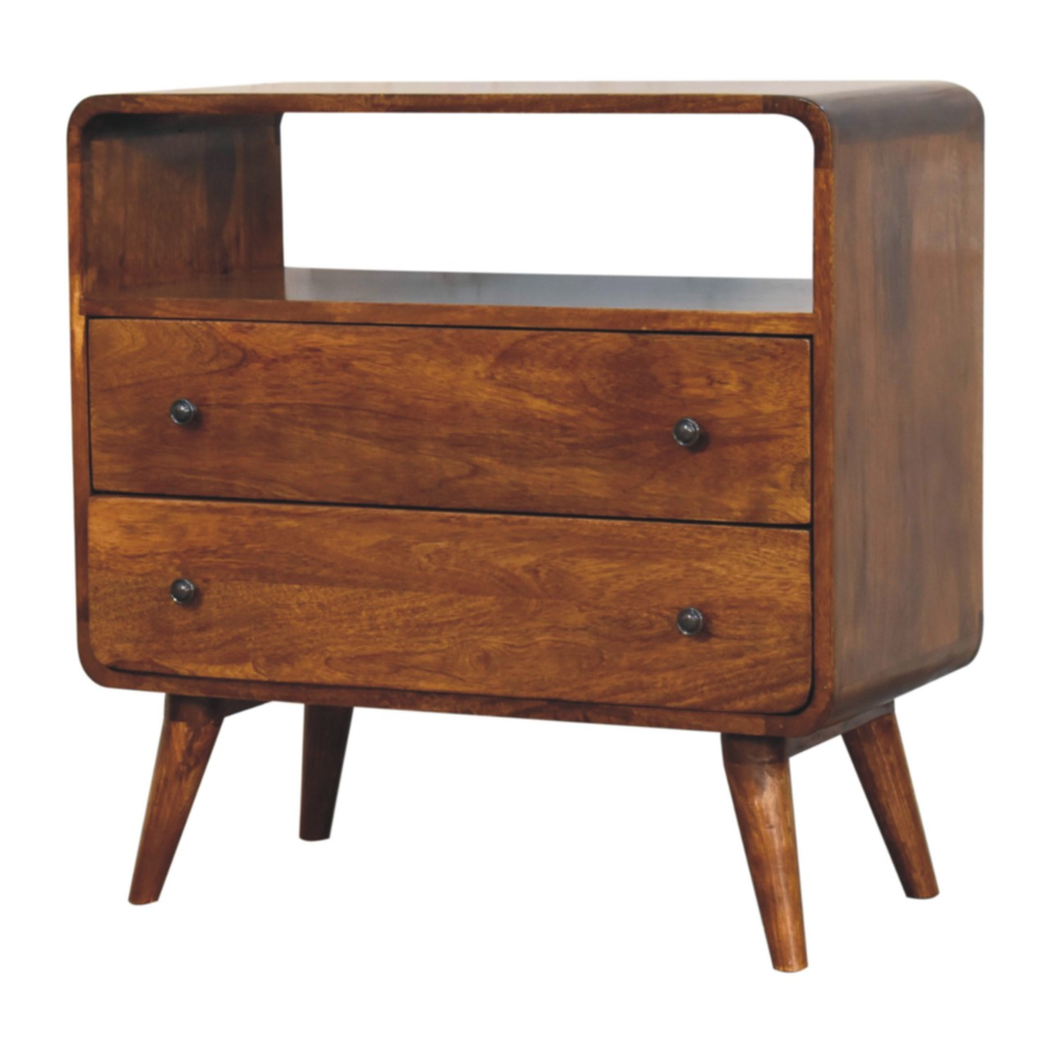 Artisan Furniture Solid Wood Curved Nordic Charm Chest with 2 Drawers and Shelf – Mid-Century, Dark Brown