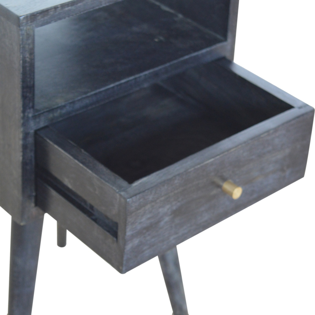 Artisan Furniture Solid Wood Mini Bedside Table with Pull-Out Drawer and Shelf – Nordic Style, Ash Black
