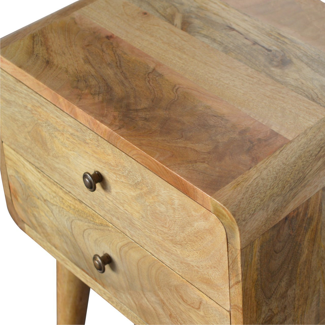 Artisan Furniture Curved Bedside Table with 2 Drawers – Solid Mango Wood, Oak-Effect Finish, Brown