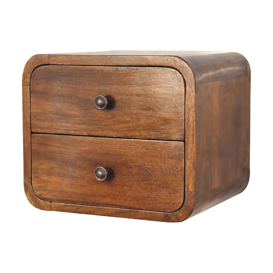 Artisan Furniture Mango Wood Floating Mini Bedside Table with 2 Drawers – Wall-Mounted, Chestnut