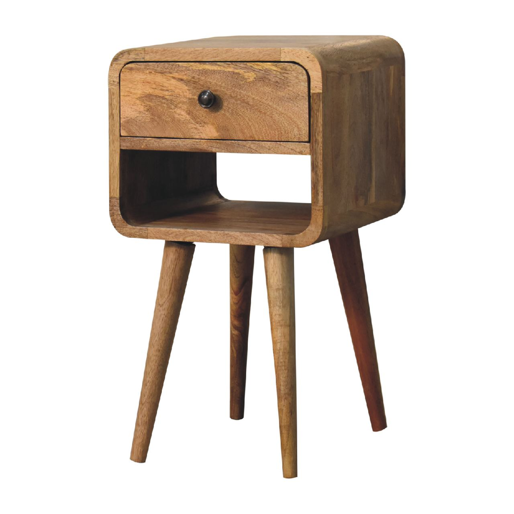 Artisan Solid Wood Mini Curve Low Bedside Table with 1 Drawer – Compact Curved Nightstand, Beige