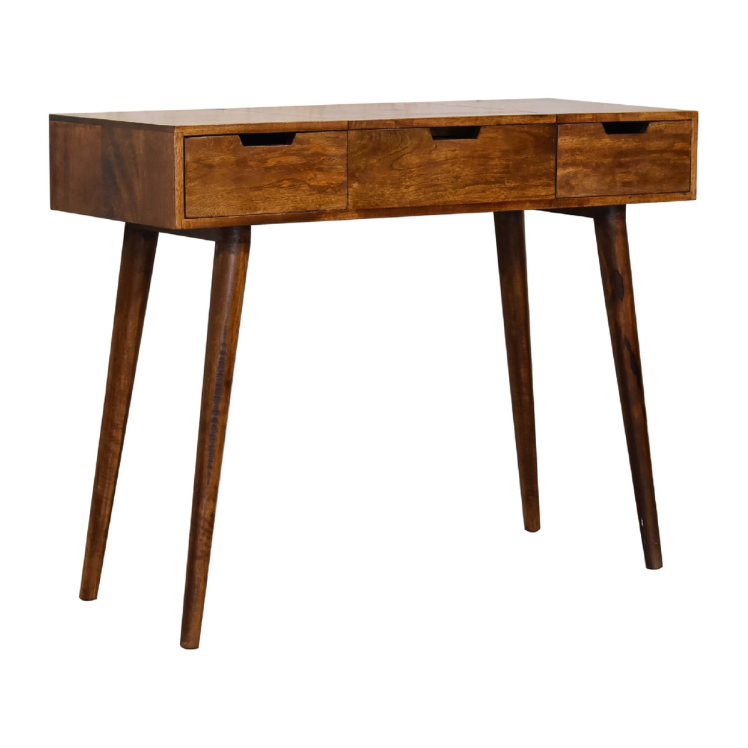 Artisan Furniture Solid Wood Foldable Mirror Dressing Table with 2 Drawers – Nordic Style, Chestnut Brown