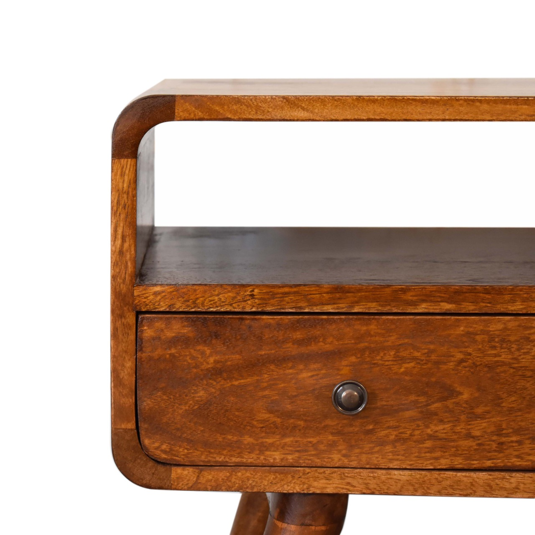 Artisan Mini Curved Solid Wood Media Unit with 2 Drawers – Compact TV Storage for Small Spaces, Chestnut