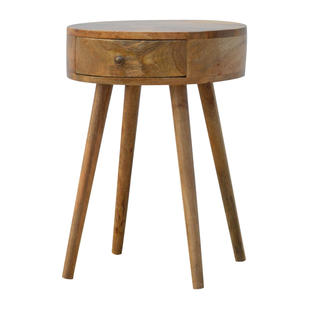 Artisan Furniture Solid Wood Nordic Circular Bedside Table with 1 Drawer – Oak-Ish Finish, Beige