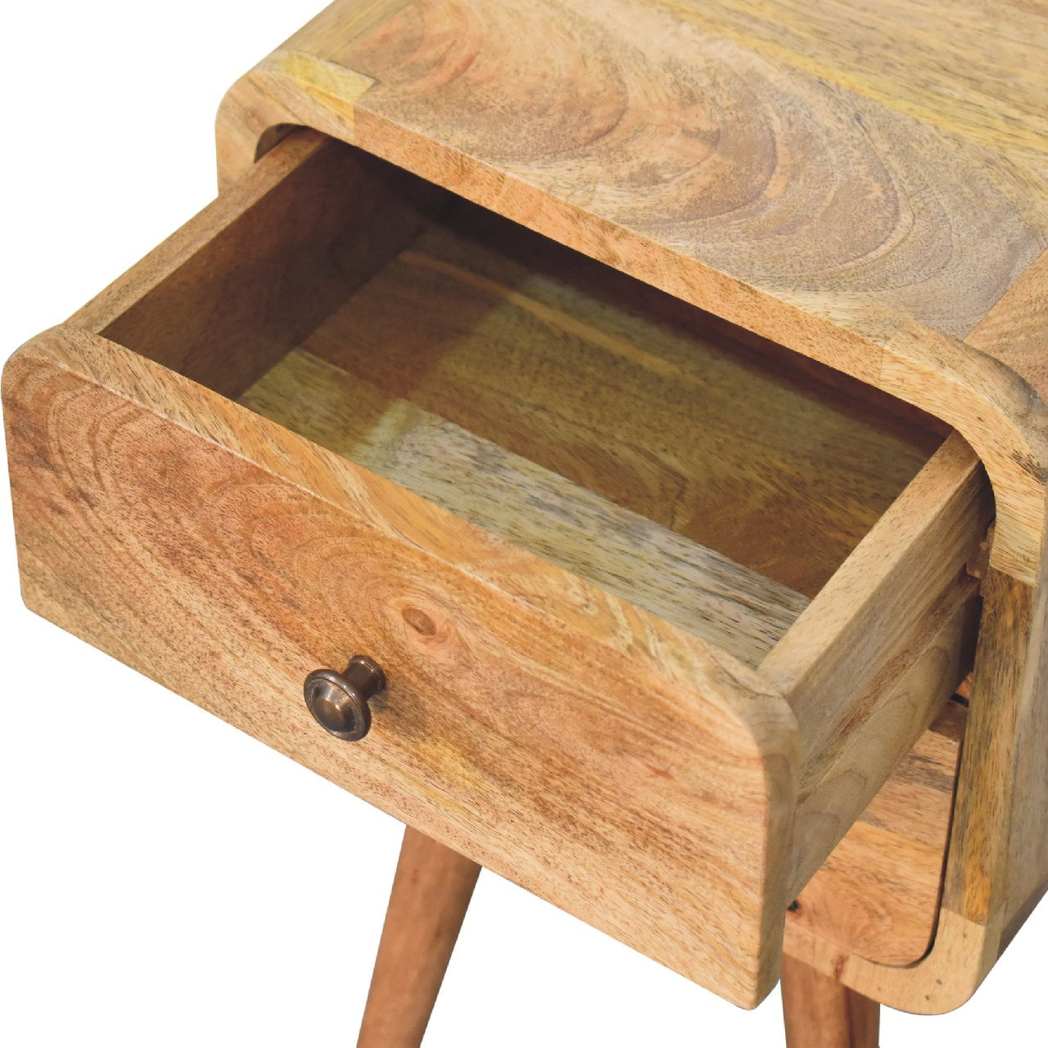 Artisan Furniture Solid Wood Mini Curved Bedside Table with 2 Drawers – Nordic Style, Oak-ish Brown