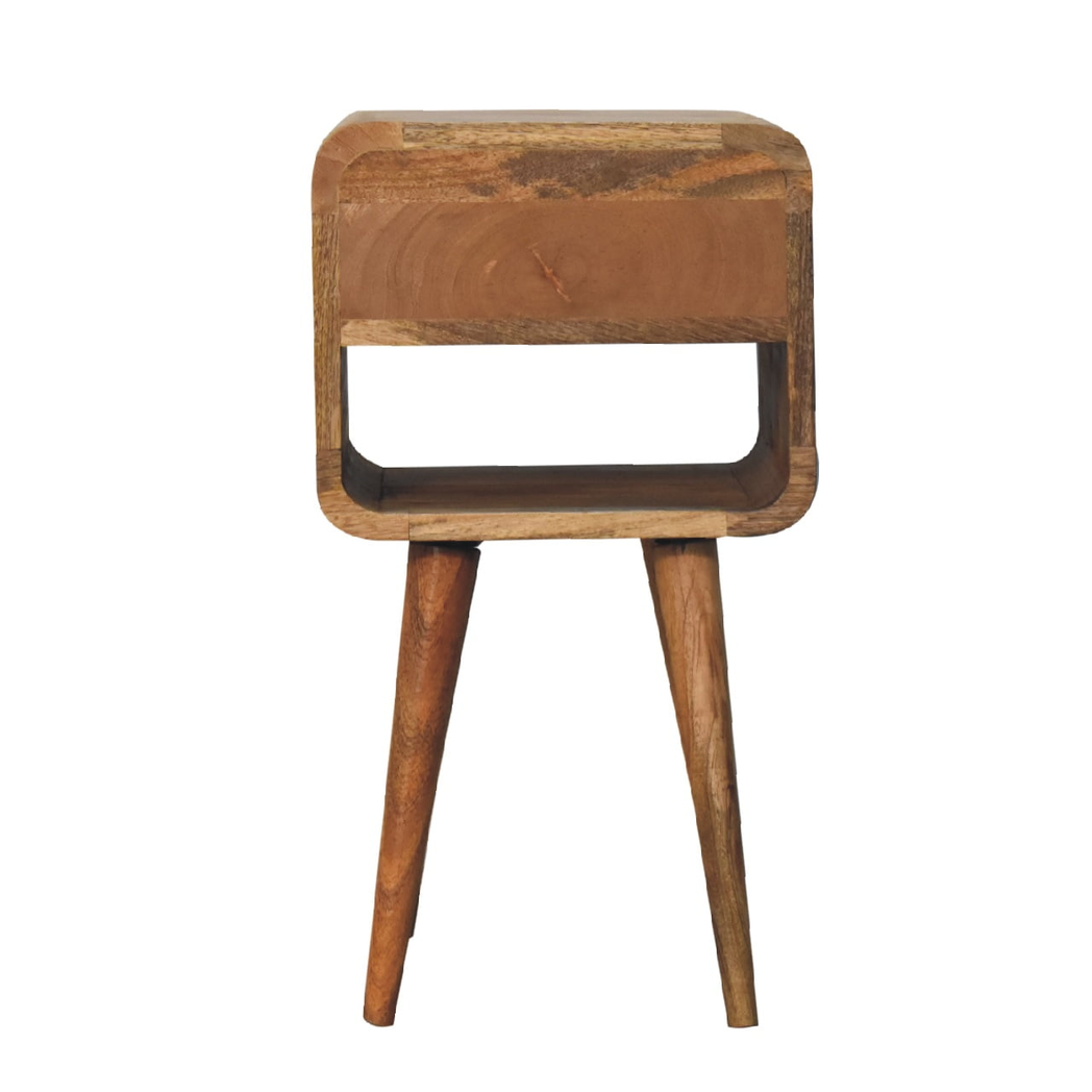 Artisan Solid Wood Mini Curve Low Bedside Table with 1 Drawer – Compact Curved Nightstand, Beige
