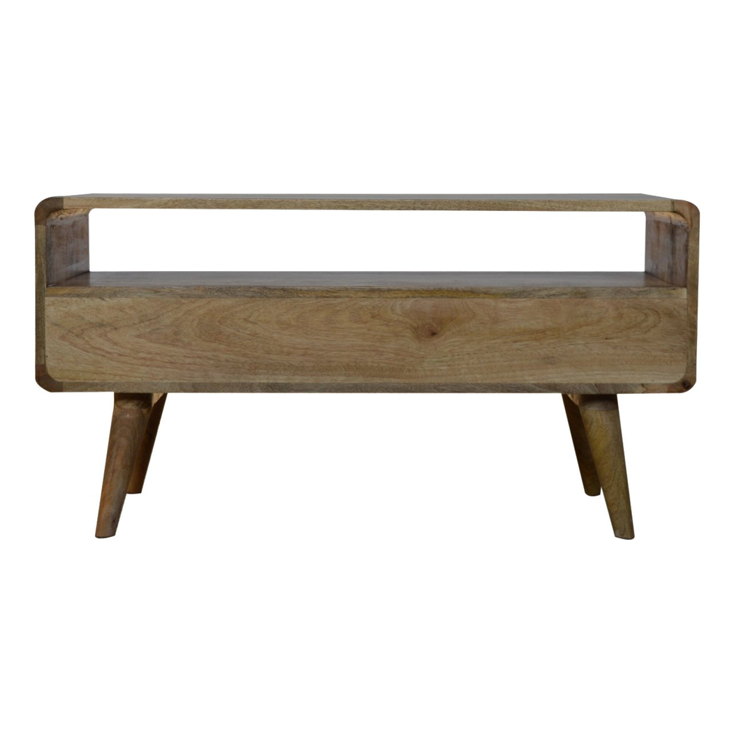 Artisan Curved Solid Wood Media Unit with 2 Drawers – Oak-Look Brown TV Stand for Living Rooms