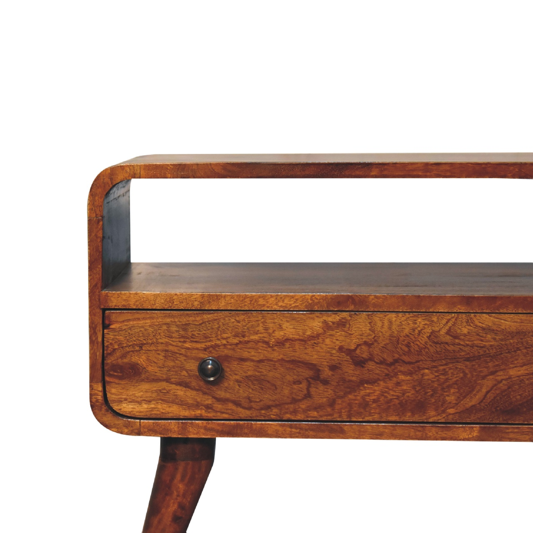 Artisan Furniture Solid Wood Mini Chestnut Curved Media Unit, 1 Drawer & Open Slot – Dark Brown