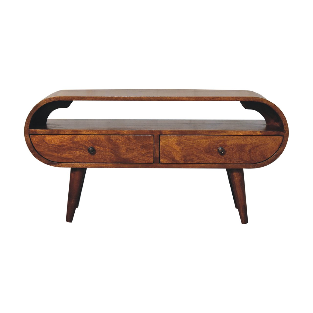 Artisan Furniture Circular TV Stand in Solid Mango Wood, 2 Drawers & Open Slot – Media Unit, Dark Brown