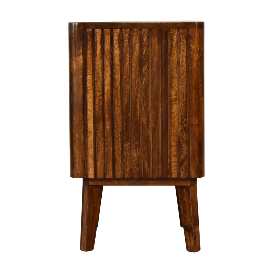 Artisan Furniture Solid Wood Reeve Retro Bedside Table with 2 Drawers and Open Slot – Chestnut, Dark Brown