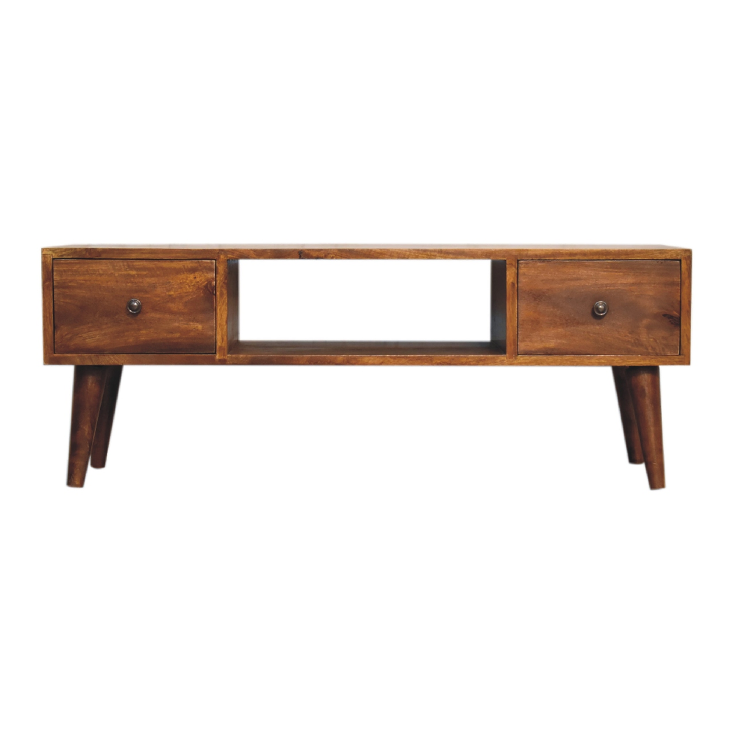Artisan Furniture Solid Wood Classic Chestnut Coffee Table with 2 Drawers & 2 Open Slots – Dark Brown