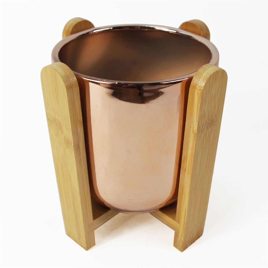 16cm Gold Ceramic Planter with Bamboo Stand – Indoor Plant Pot, Gold & Brown