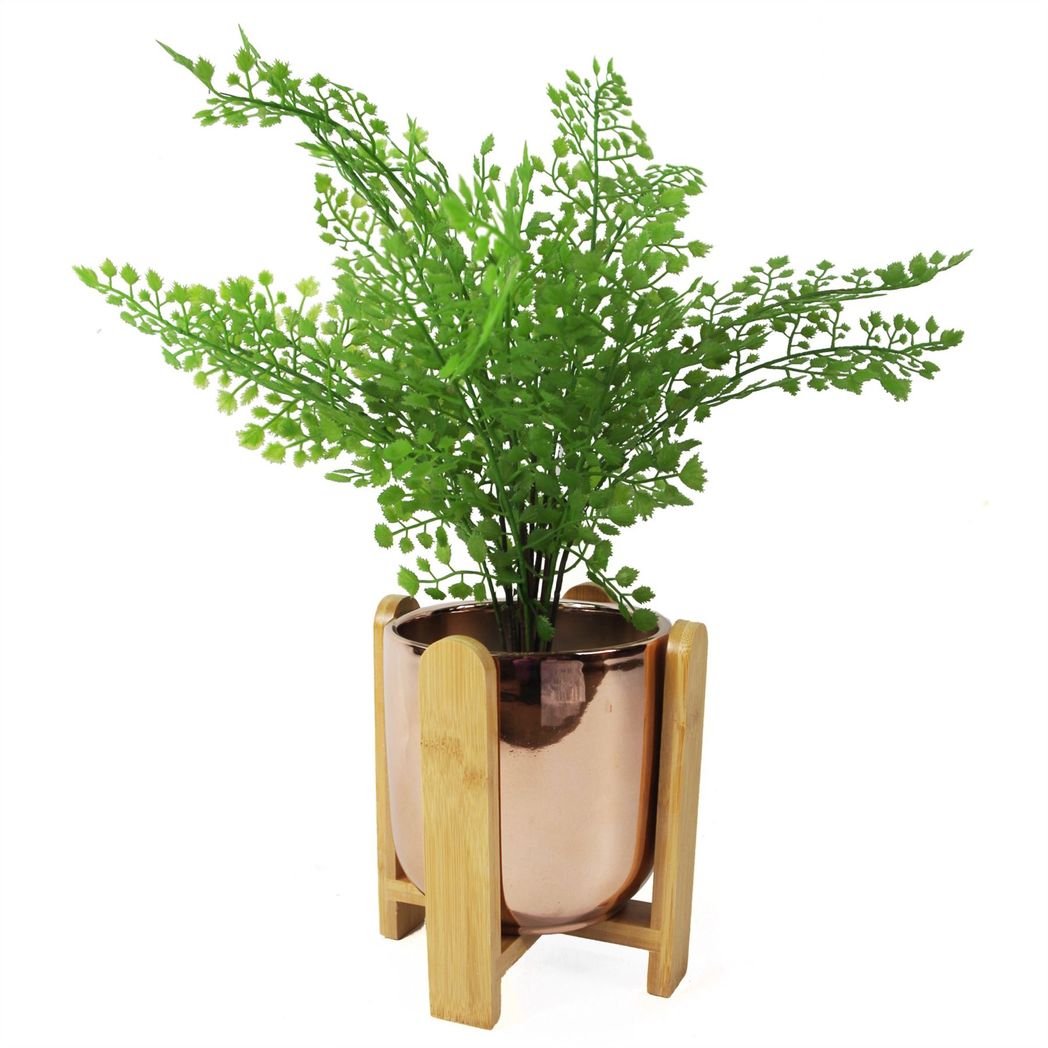 16cm Gold Ceramic Planter with Bamboo Stand – Indoor Plant Pot, Gold & Brown