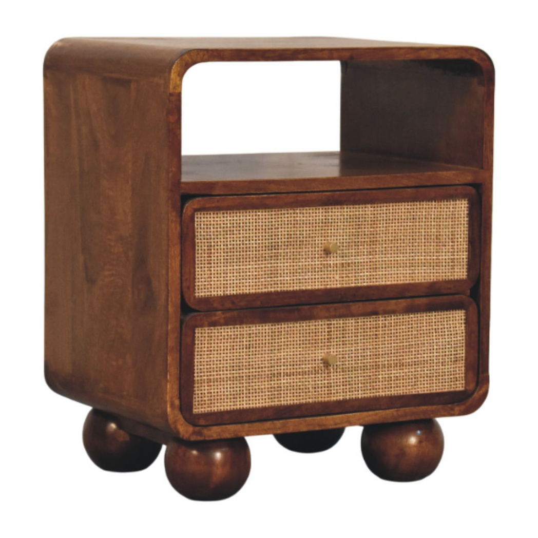 Artisan Furniture Solid Wood Larissa 2 Drawer Nightstand with Open Shelf – Rattan Bedside Table, Dark Brown