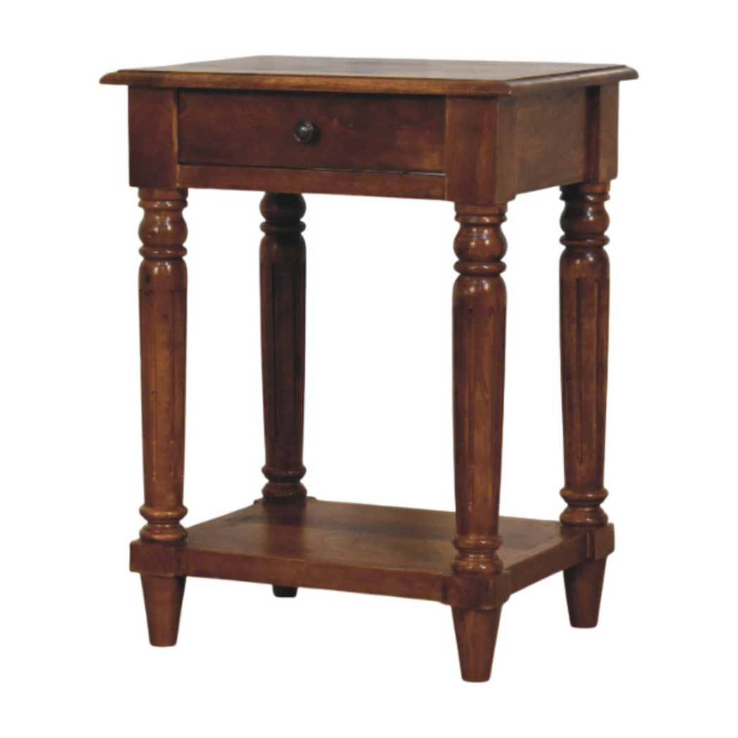 Artisan Furniture Solid Mango Wood Side Table with Drawer, Turned Legs & Lower Shelf – Chestnut Brown