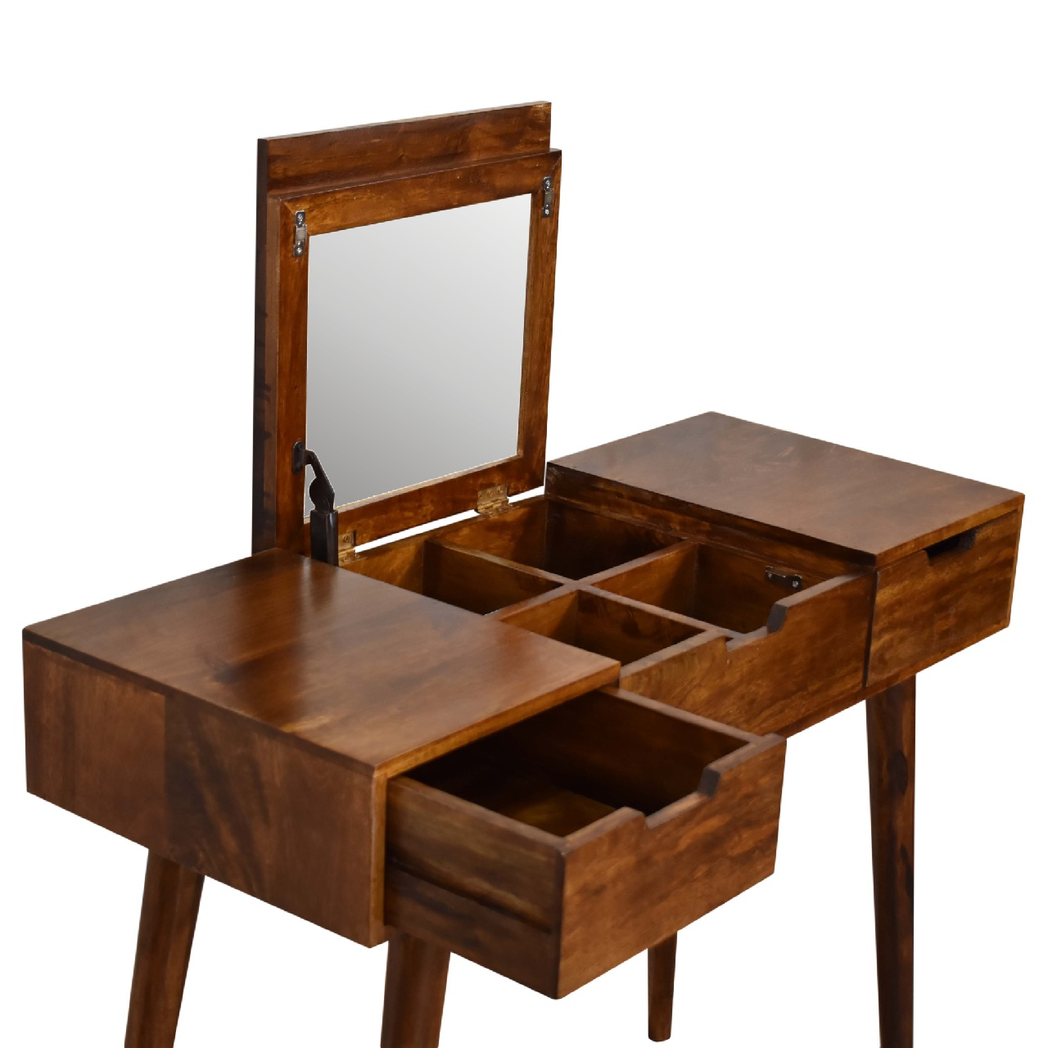 Artisan Furniture Solid Wood Foldable Mirror Dressing Table with 2 Drawers – Nordic Style, Chestnut Brown