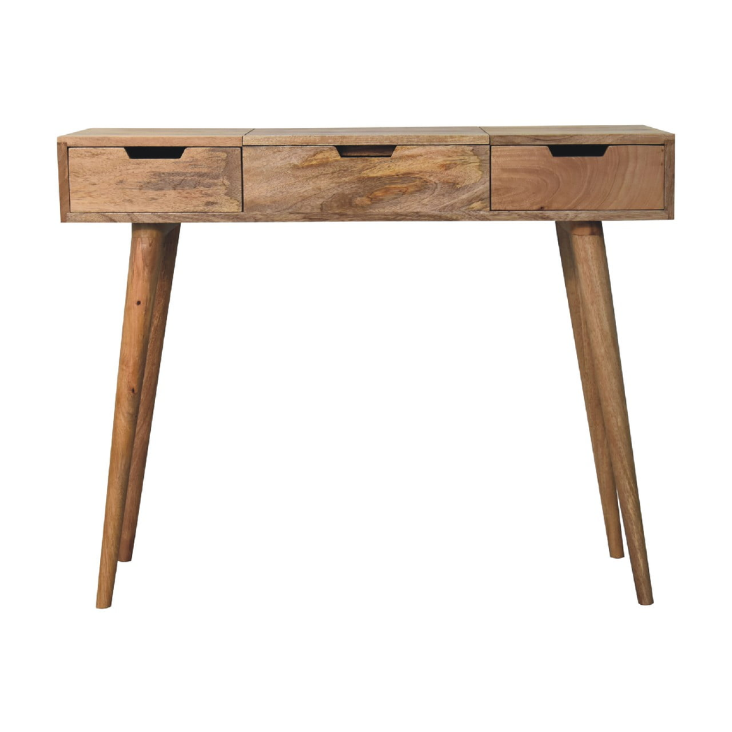 Artisan Furniture Solid Wood Dressing Table with Foldable Mirror & Drawers – Nordic Style, Oak-ish Finish, Beige