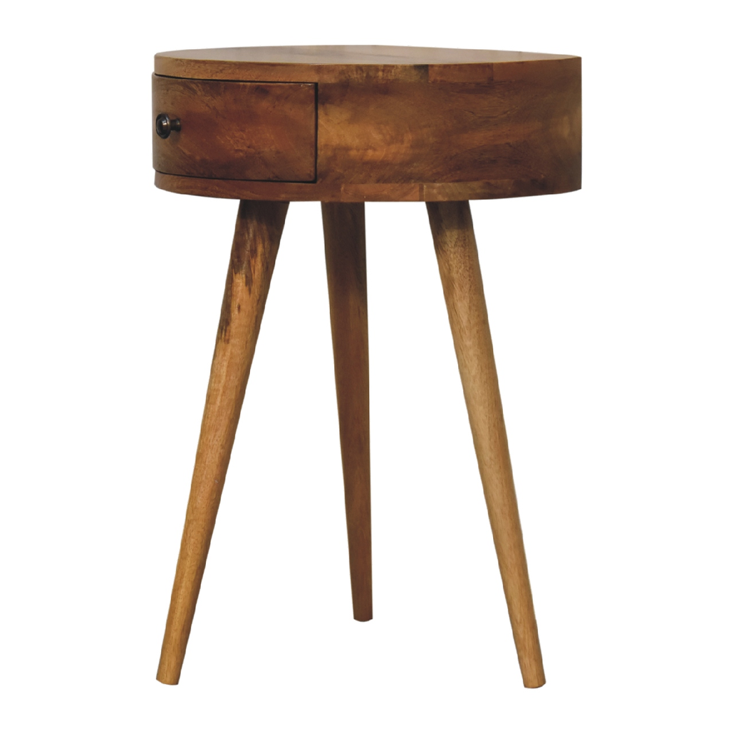 Artisan Furniture Mini Circular Bedside Table with Drawer – Solid Mango Wood, Oak-ish Finish, Brown