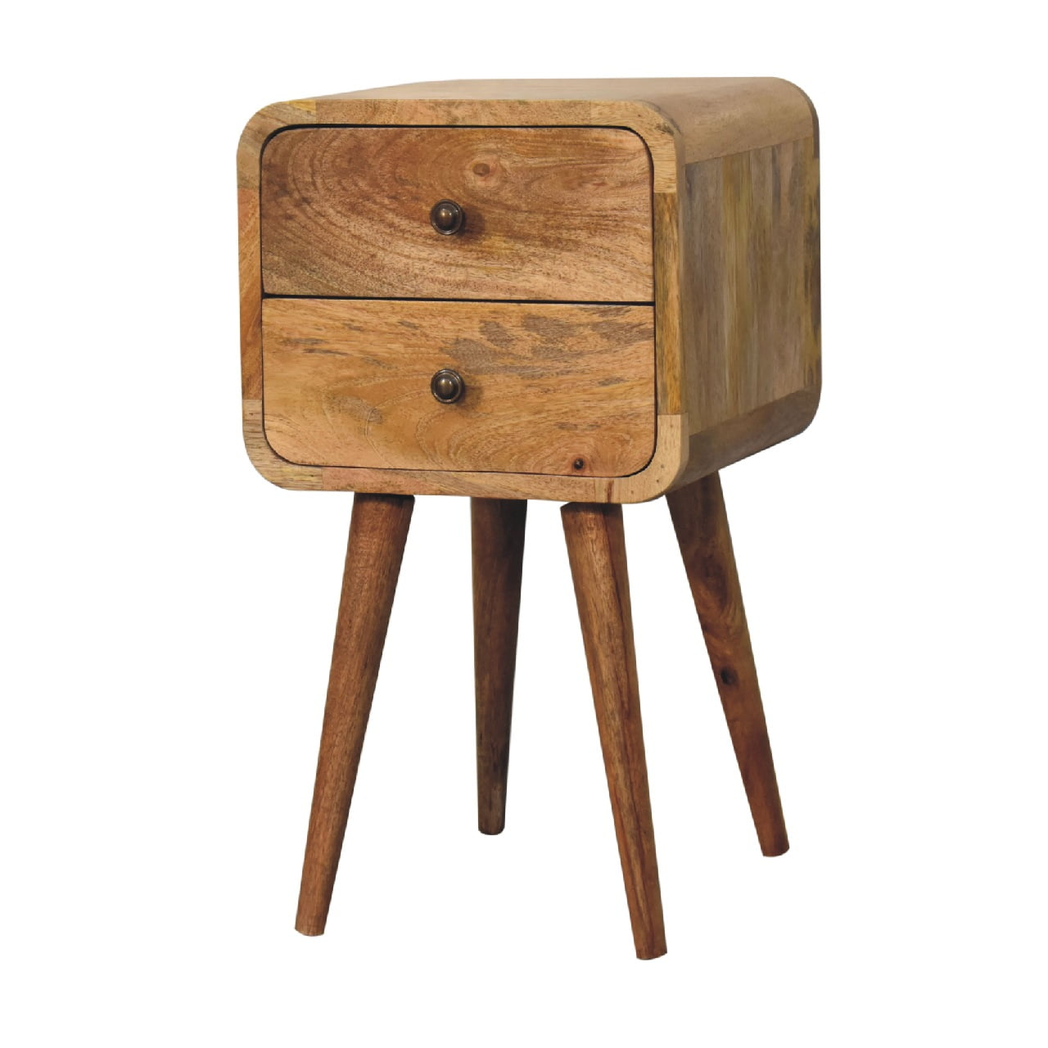 Artisan Furniture Solid Wood Mini Curved Bedside Table with 2 Drawers – Nordic Style, Oak-ish Brown