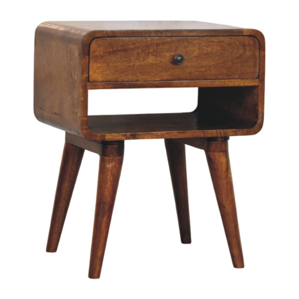 Artisan Furniture Solid Wood Avora Chestnut Nightstand with Drawer and Open Shelf – Mid-Century Style, Brown