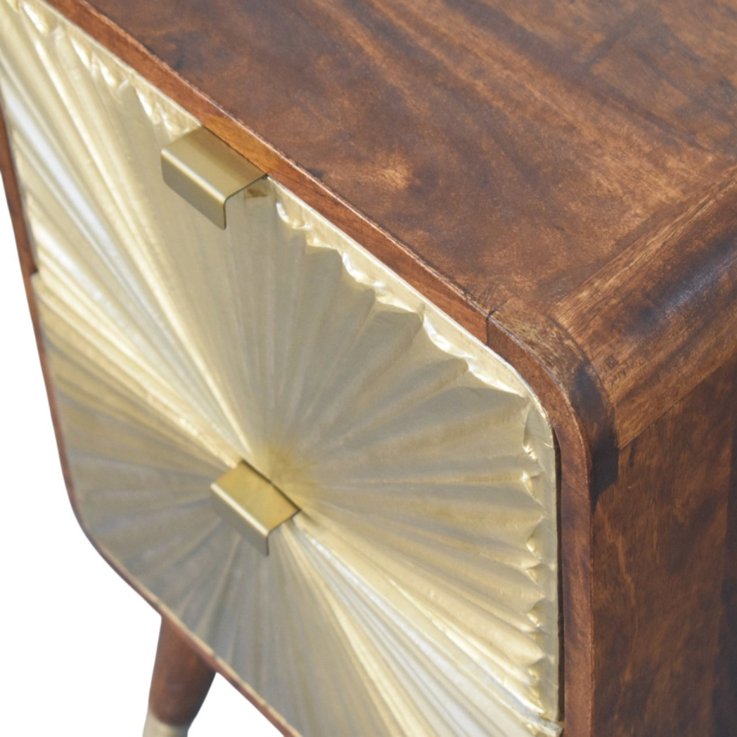 Artisan Furniture Solid Wood Avora Brass Embossed Nightstand with 2 Doors – Chestnut Finish, Brown and Gold
