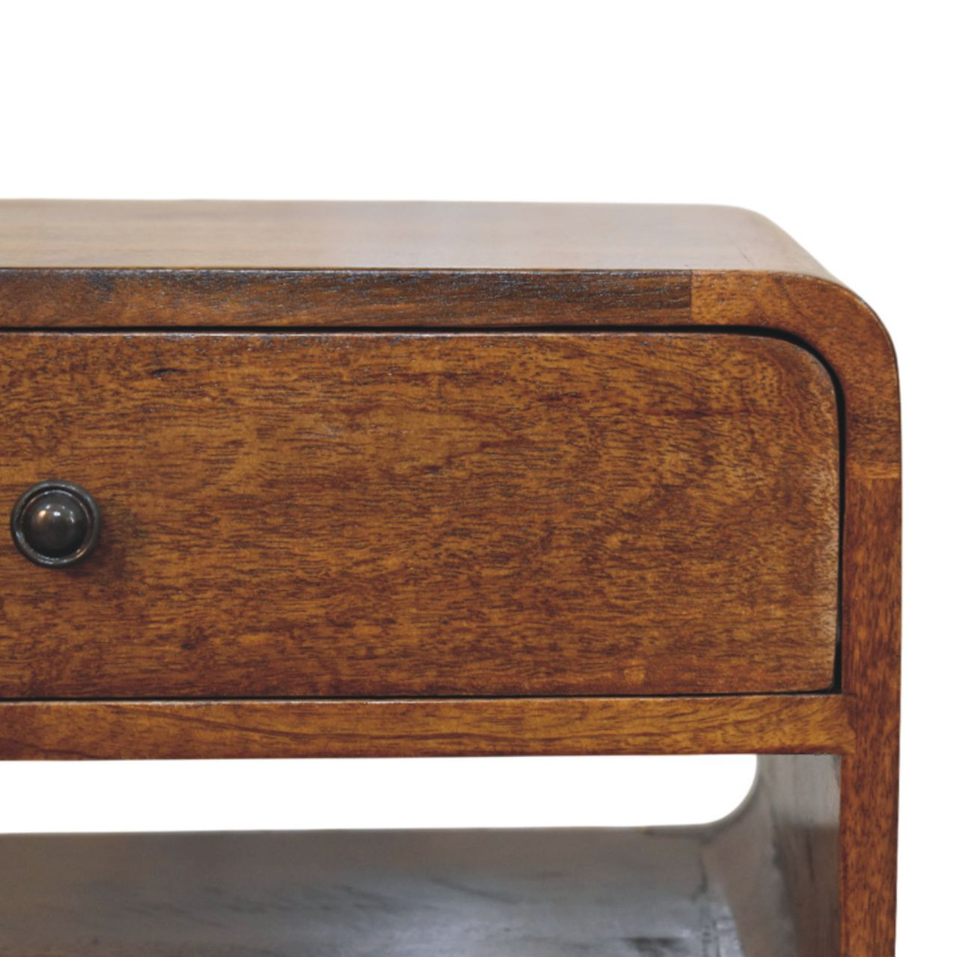 Artisan Furniture Solid Wood Avora Chestnut Nightstand with Drawer and Open Shelf – Mid-Century Style, Brown