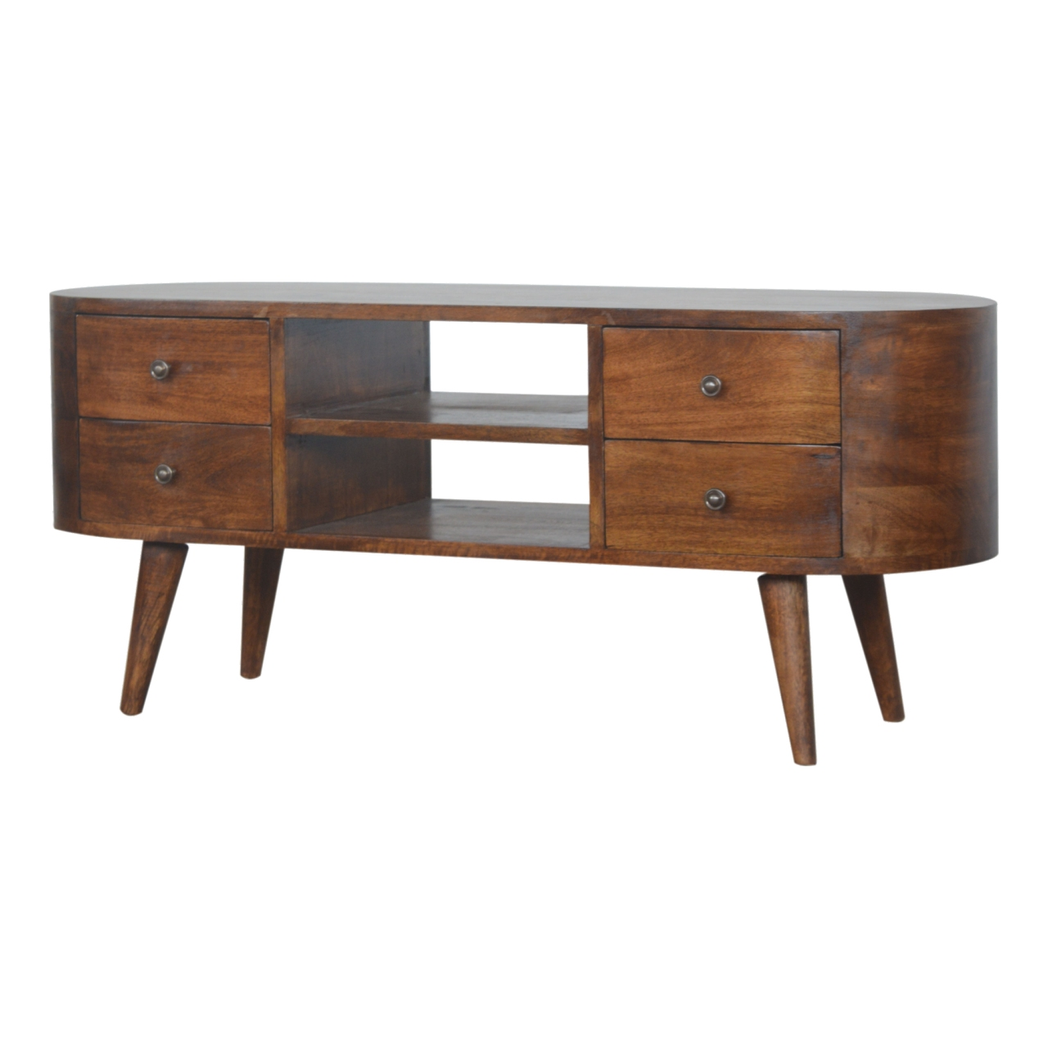 Artisan Furniture Rounded Media Unit in Solid Mango Wood, 4 Drawers & 2 Open Slots – Living Room, Chestnut