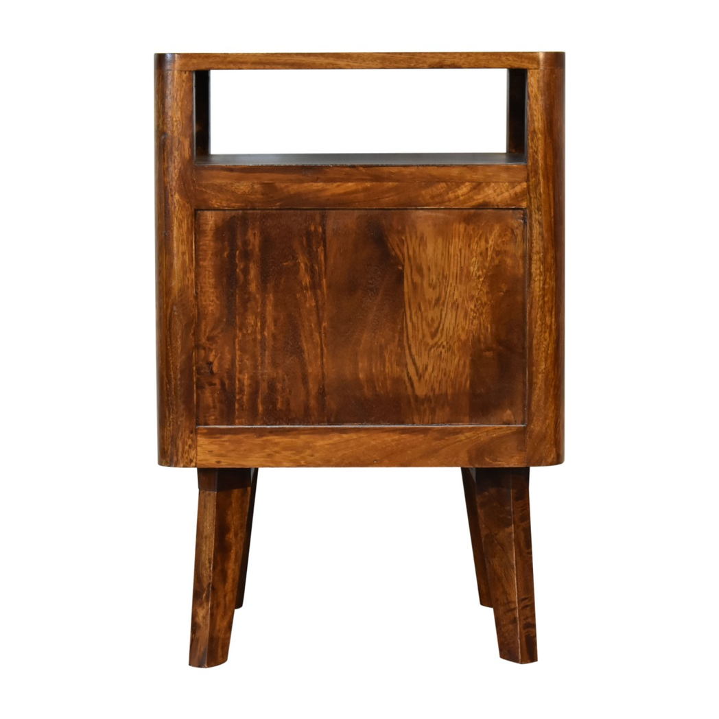 Artisan Furniture Solid Wood Reeve Retro Bedside Table with 2 Drawers and Open Slot – Chestnut, Dark Brown