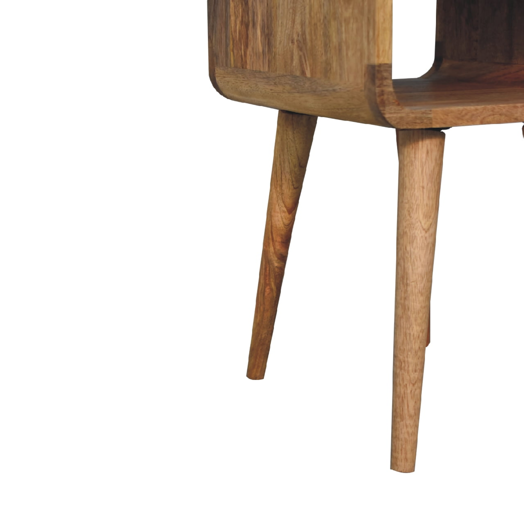 Artisan Solid Wood Mini Curve Low Bedside Table with 1 Drawer – Compact Curved Nightstand, Beige