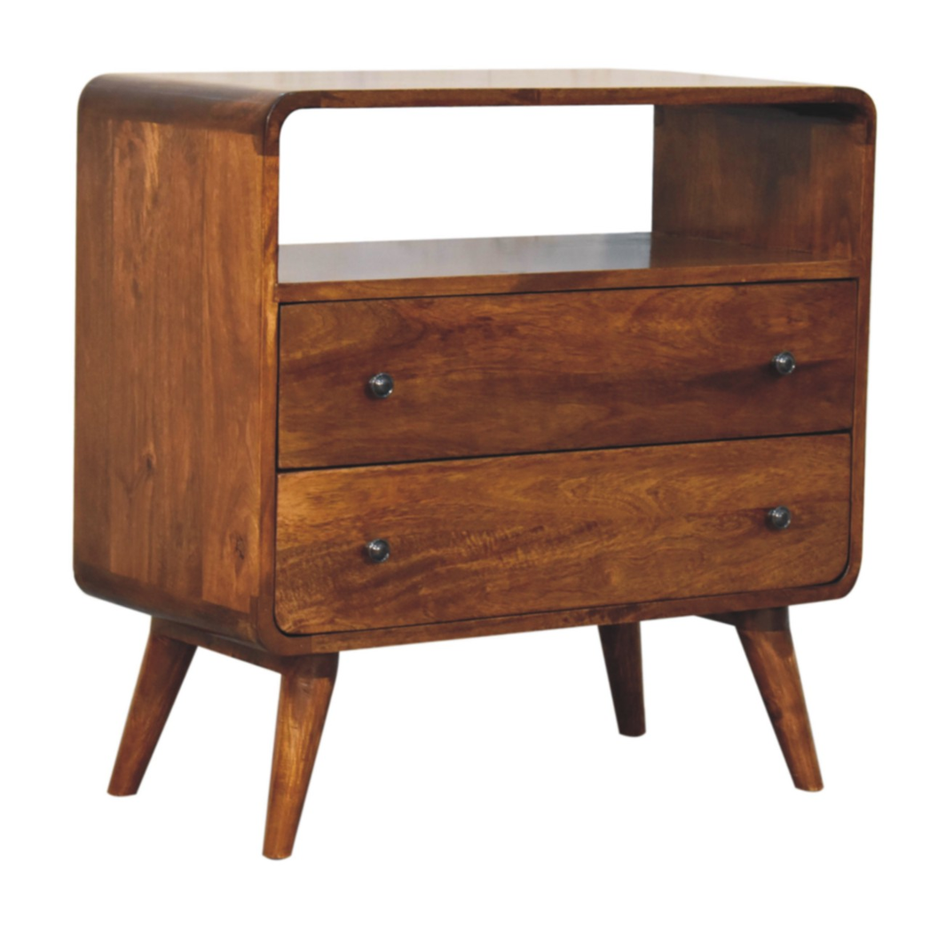 Artisan Furniture Solid Wood Curved Nordic Charm Chest with 2 Drawers and Shelf – Mid-Century, Dark Brown
