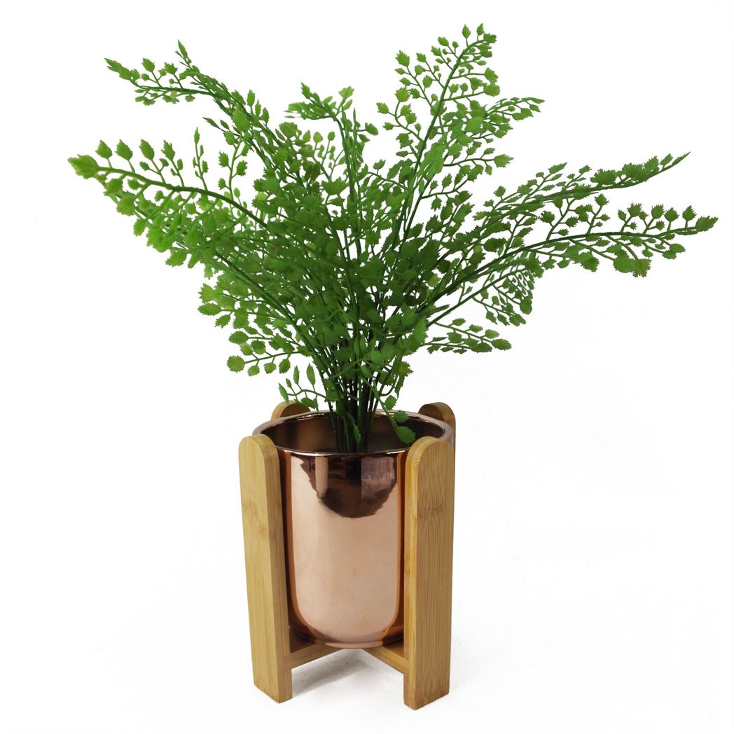 16cm Gold Ceramic Planter with Bamboo Stand – Indoor Plant Pot, Gold & Brown