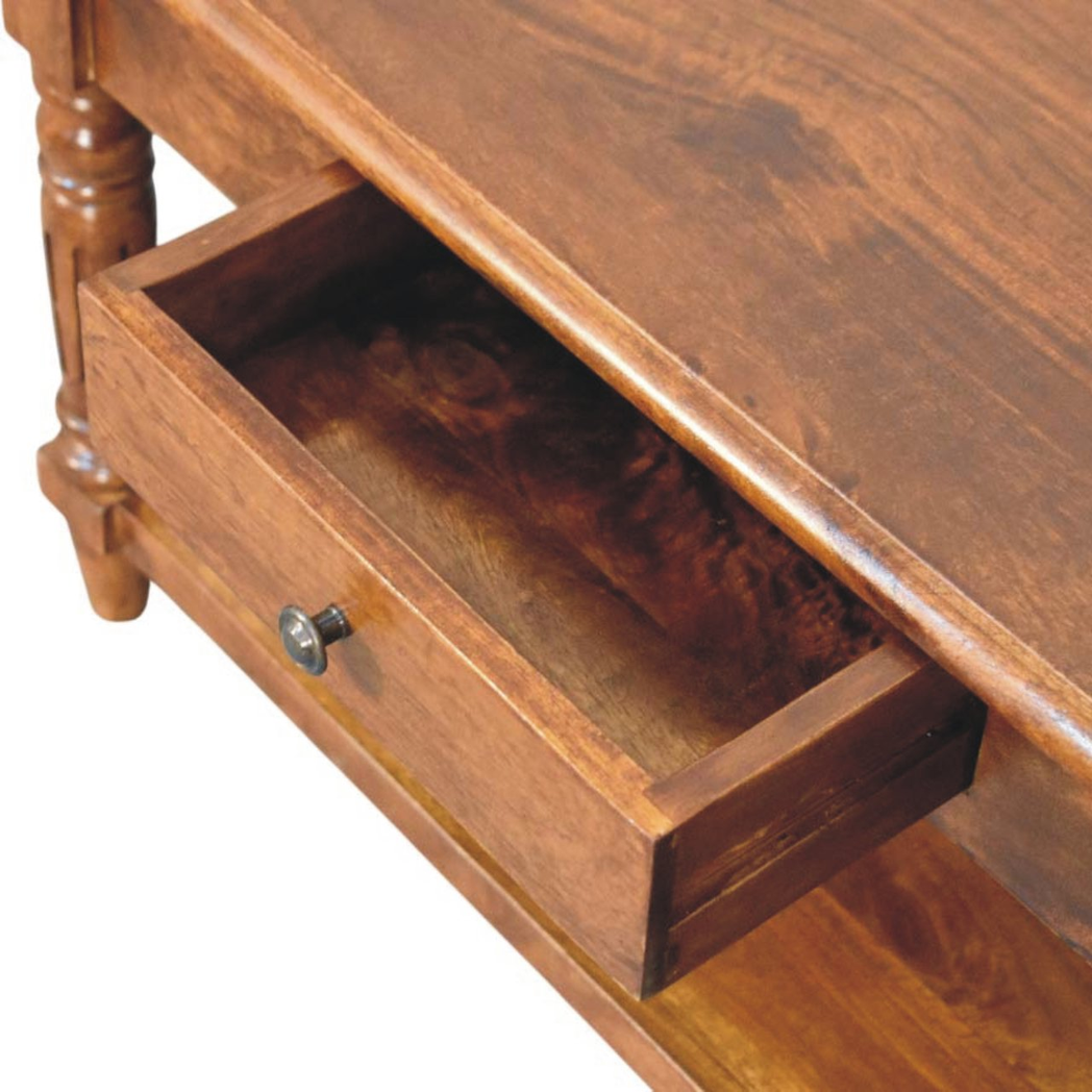 Artisan Furniture Solid Wood Turned Legs Coffee Table with 2 Drawers and Shelf – Living Room, Dark Brown