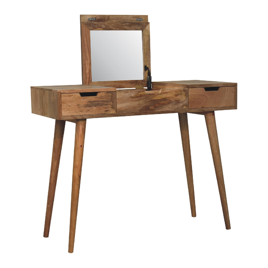 Artisan Furniture Solid Wood Dressing Table with Foldable Mirror & Drawers – Nordic Style, Oak-ish Finish, Beige