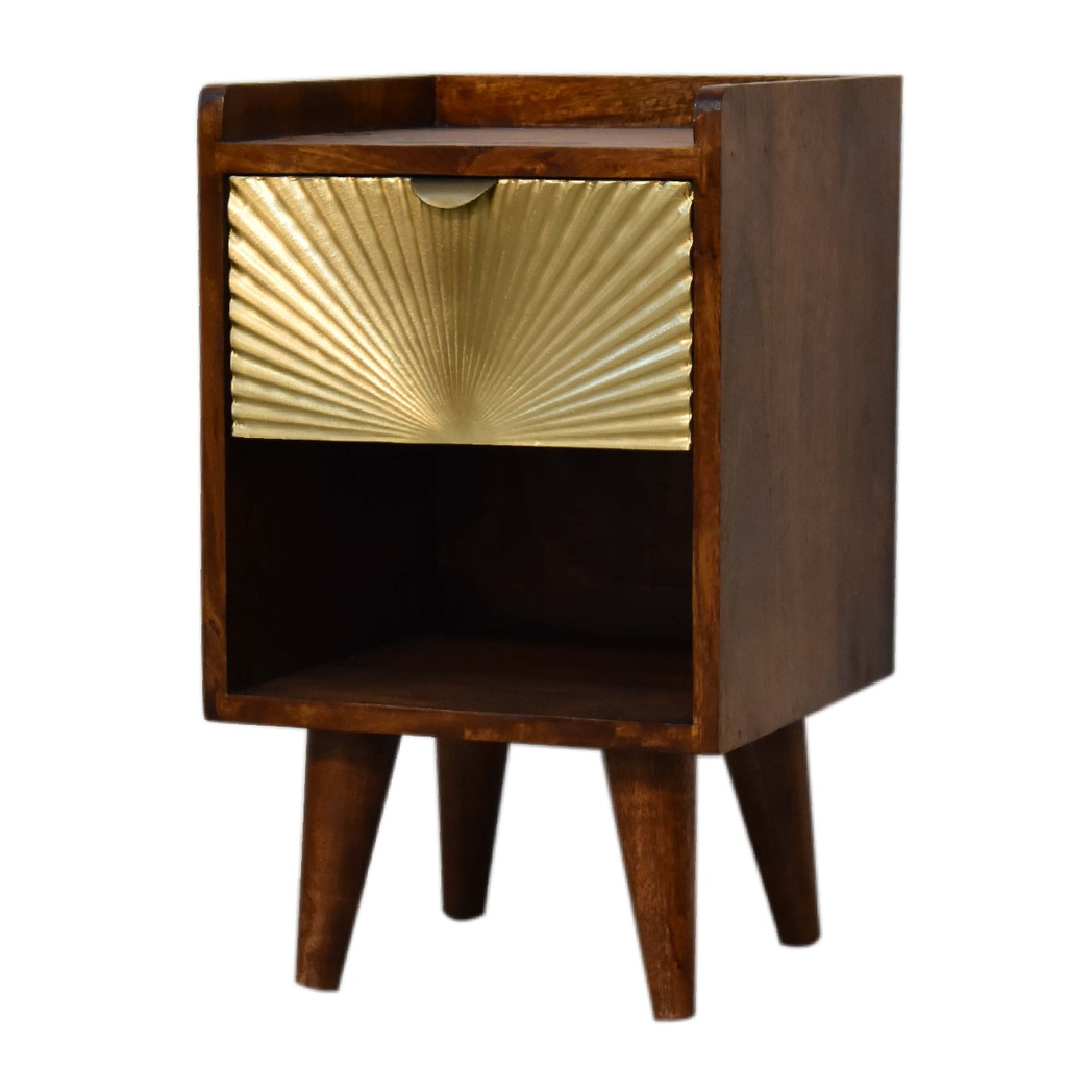 Artisan Furniture Mini Manila Gold Bedside Table with 1 Drawer & Open Shelf – Chestnut Finish, Brown