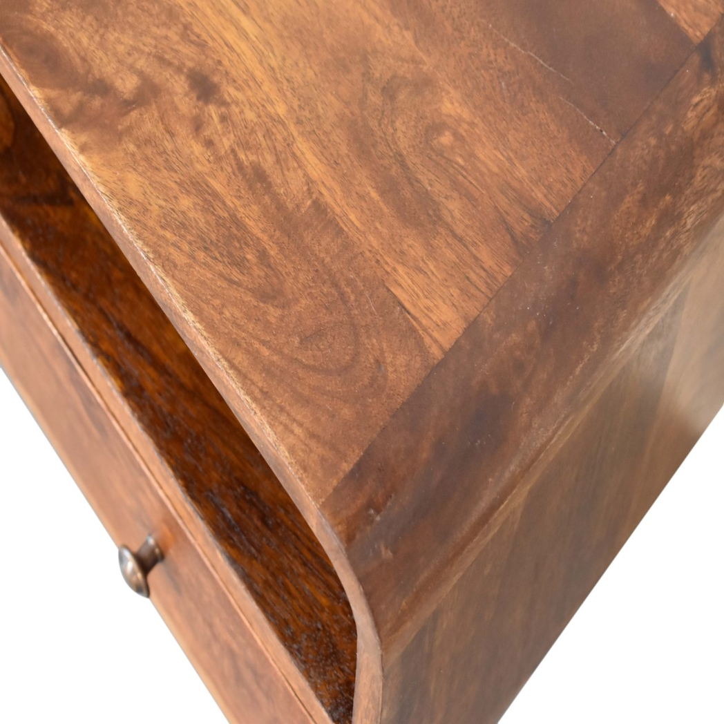 Artisan Mini Curved Solid Wood Media Unit with 2 Drawers – Compact TV Storage for Small Spaces, Chestnut