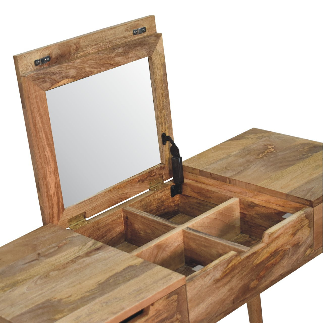Artisan Furniture Solid Wood Dressing Table with Foldable Mirror & Drawers – Nordic Style, Oak-ish Finish, Beige