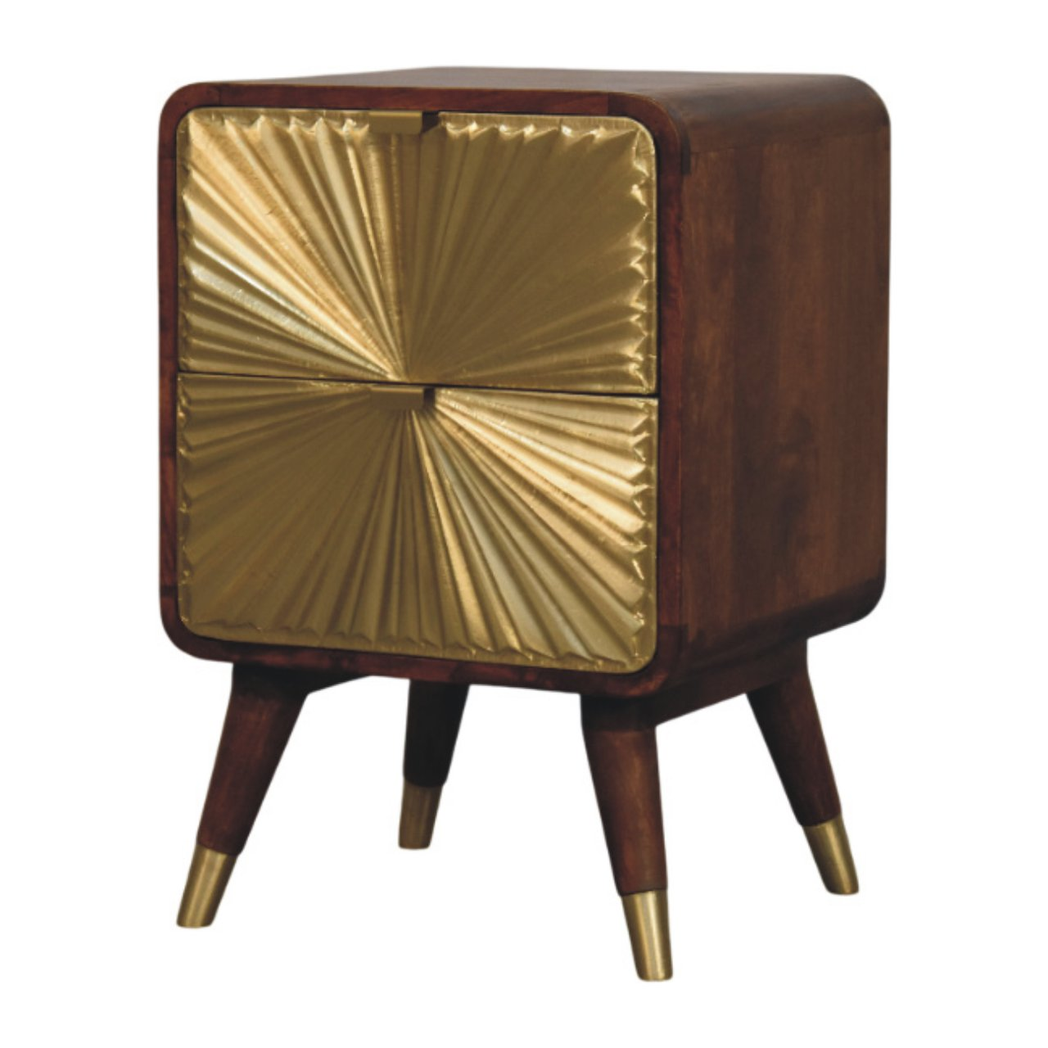 Artisan Furniture Solid Wood Avora Brass Embossed Nightstand with 2 Doors – Chestnut Finish, Brown and Gold