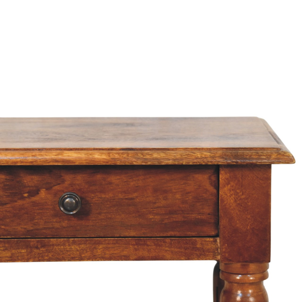 Artisan Furniture Solid Mango Wood Side Table with Drawer, Turned Legs & Lower Shelf – Chestnut Brown