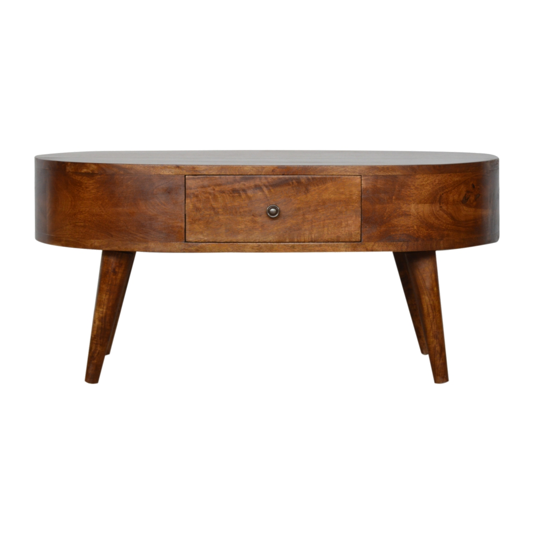 Artisan Solid Wood Rounded Coffee Table with 2 Drawers – Living Room Storage, Dark Chestnut